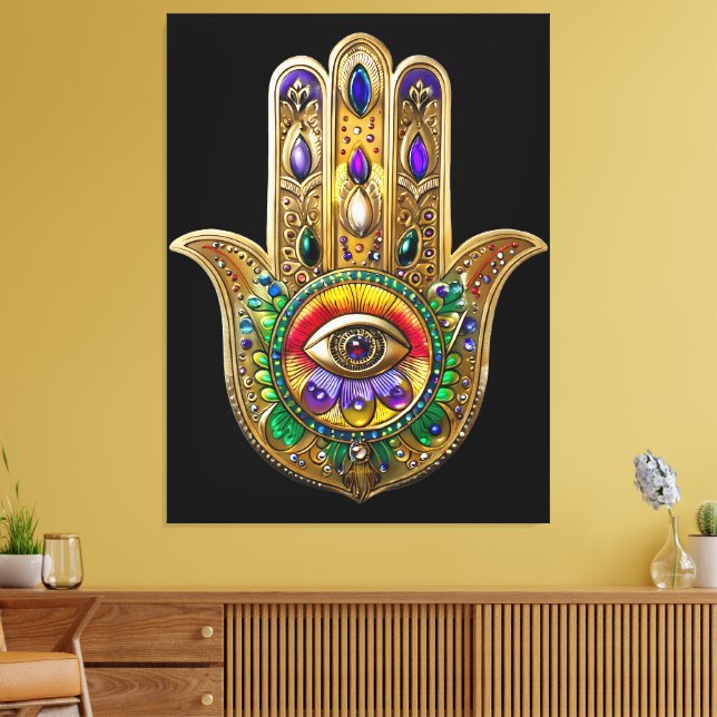 Painted Gold Hamsa Amethyst Ruby Third Eye Canvas Print (Insitu(LivingRoom))
