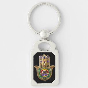 Painted Gold Hamsa Amethyst Ruby Third Eye Keychain
