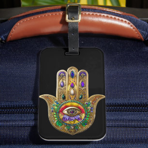 Painted Gold Hamsa Amethyst Ruby Third Eye Luggage Tag