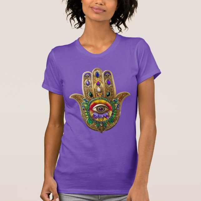Painted Gold Hamsa Amethyst Ruby Third Eye T-Shirt (Front)