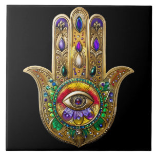 Painted Gold Hamsa Amethyst Ruby Third Eye Tile
