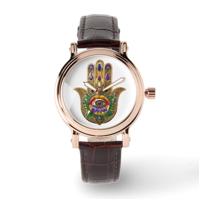 Painted Gold Hamsa Amethyst Ruby Third Eye Watch (Front)