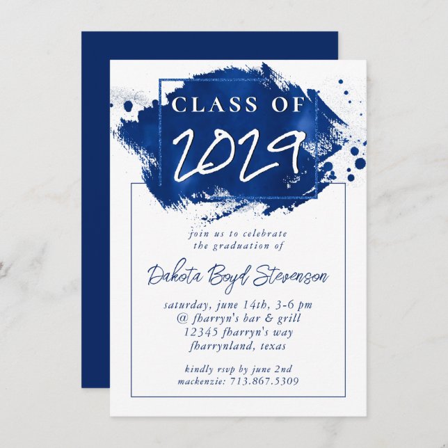 Painted Grad | Blue Splatter Brushstroke Party Invitation (Front/Back)