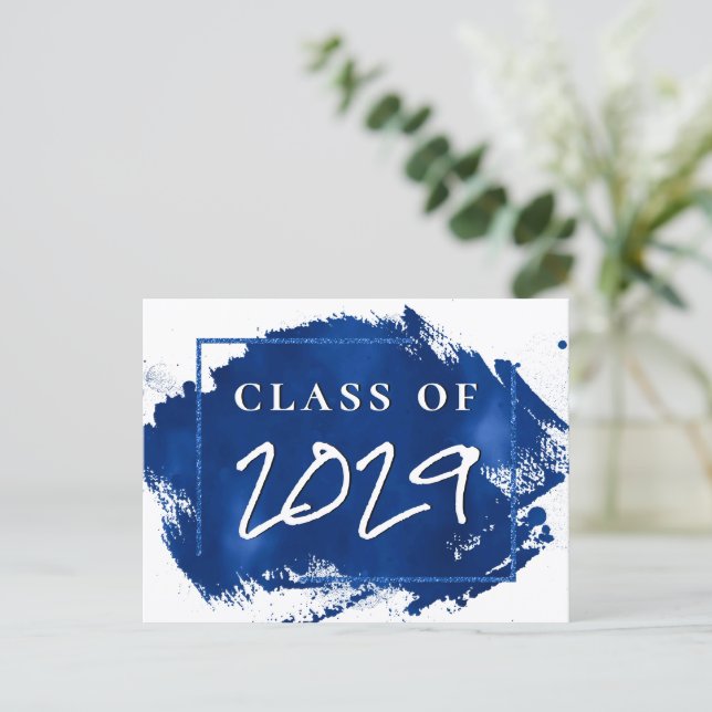 Painted Grad | Blue Splatter Brushstroke Party Invitation Postcard (Standing Front)