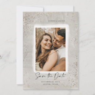 Painted Grey and Gold Sparkle Save the Date Card