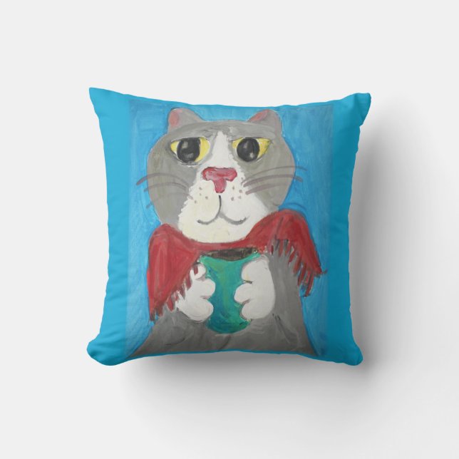 Painted Grey Cat with Coffee Folk Art Fun Throw Pillow (Front)