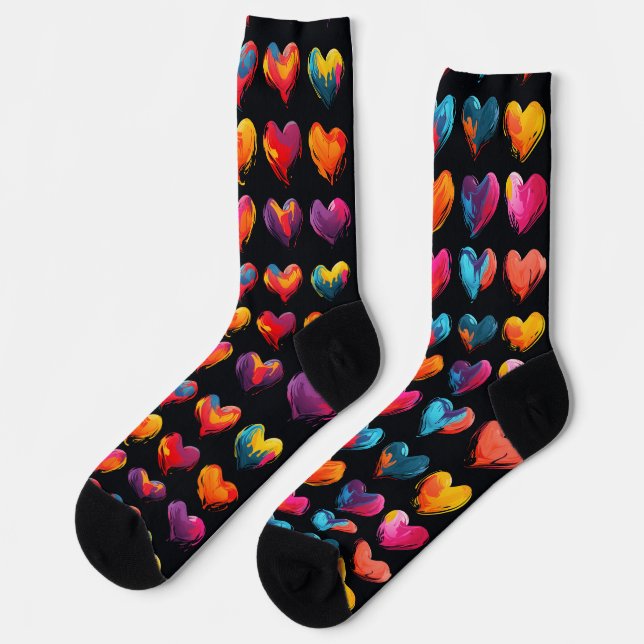 Painted hearts on a black background socks (Left)