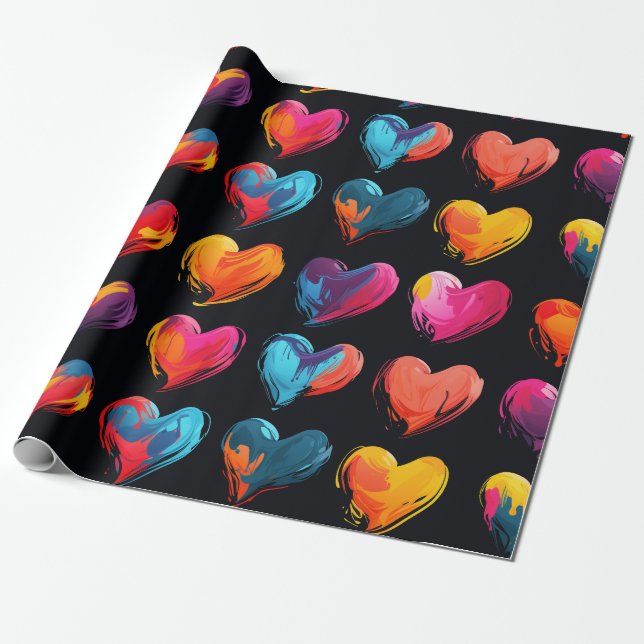 Painted hearts on a black background   wrapping paper (Unrolled)