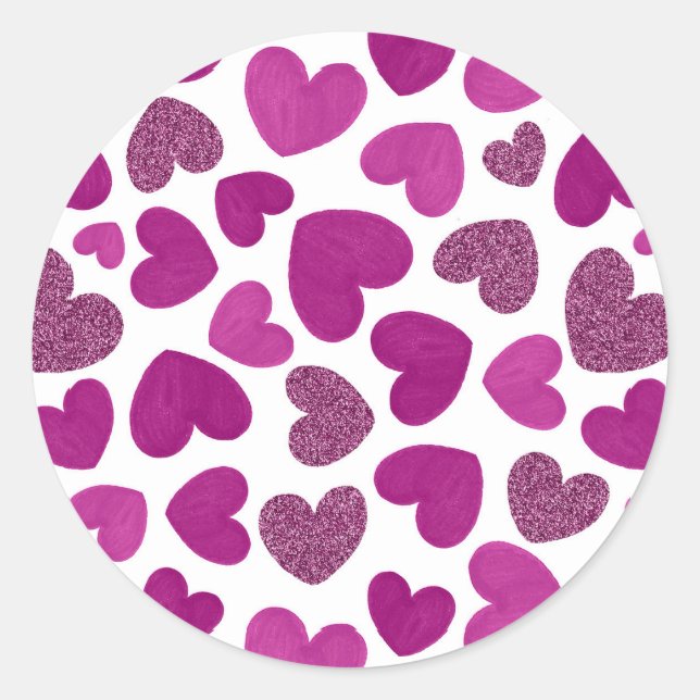 Painted hearts pattern - magenta & glitter classic round sticker (Front)