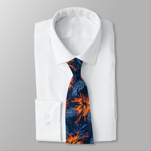 Painted Hibiscus Hawaiian Floral Two-sided Printed Tie (Tied)