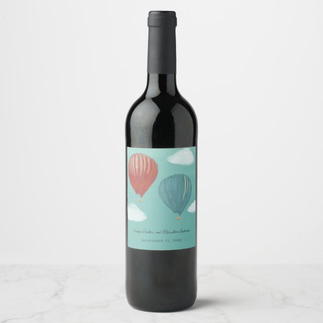 Painted Hot Air Balloons Custom Wedding Wine Label (Front)