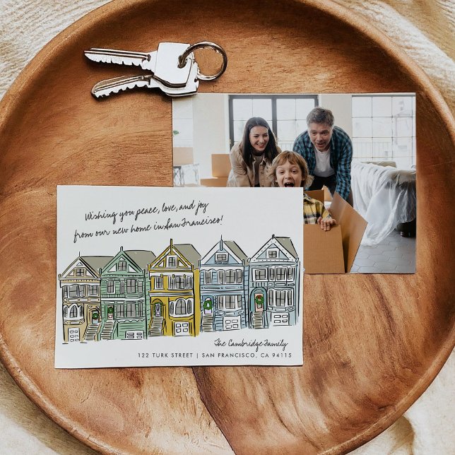 Painted Ladies San Francisco Moving Announcement (Hand-drawn holiday moving announcement card featuring an illustration of the Painted Ladies.)