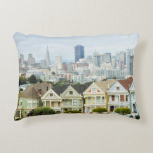 Painted Ladies, Victorian houses and skyline Accent Pillow