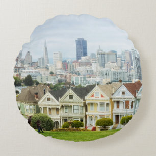 Painted Ladies, Victorian houses and skyline Round Pillow