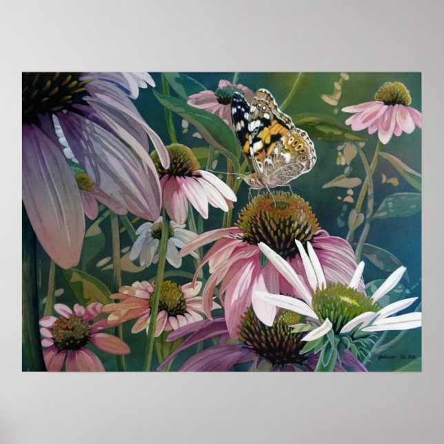 Painted Lady Butterfly Coneflowers Art 18x24 Poster (Front)