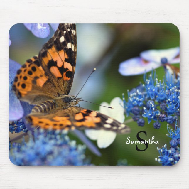 Painted Lady Butterfly on a Blue Hydrangea Mouse Pad (Front)