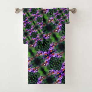 Painted Lady Butterfly On Aster Flower Abstract   Bath Towel Set