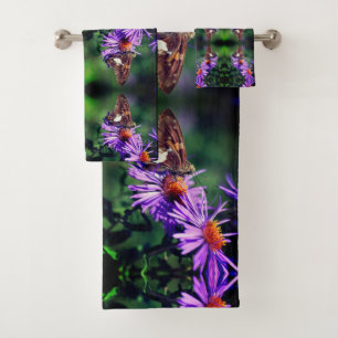 Painted Lady Butterfly On Aster Flower Abstract    Bath Towel Set
