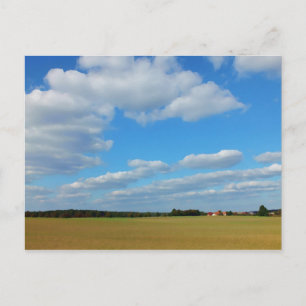 painted landscape with field, sky in summer postcard