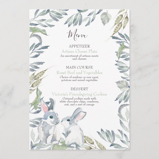 Painted Leaves and Watercolor Woodland Bunnies Menu (Front)