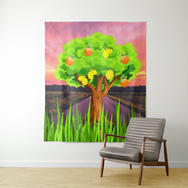 Painted Lemon & Orange Trees - Abstract Tree Tapestry (In Situ)