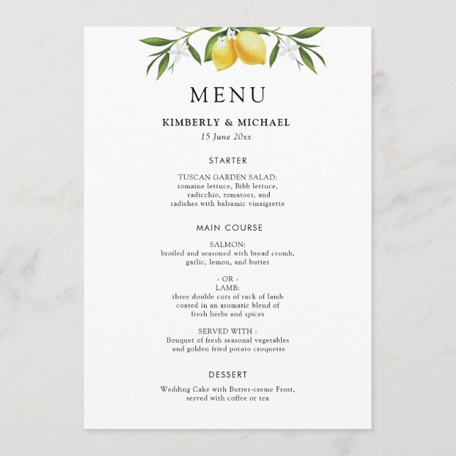 Painted lemons greenery foliage wedding menu (Devant)
