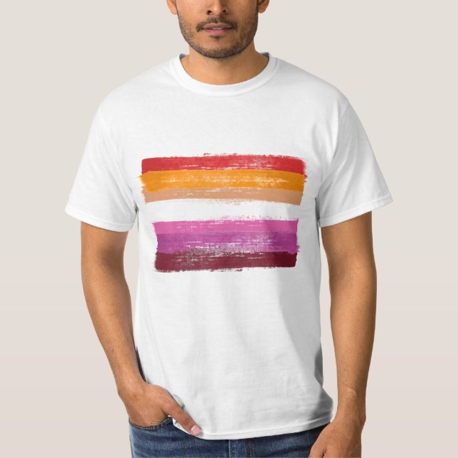 PAINTED LESBIAN PRIDE FLAG SUNSET STRIPES T-Shirt (Front)