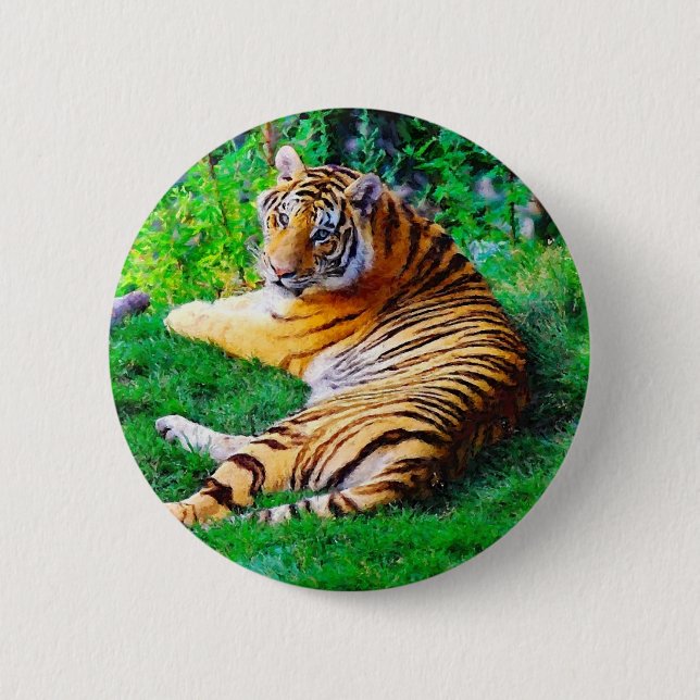 Painted Lounging Tiger Wildlife Pinback 2 Inch Round Button (Front)