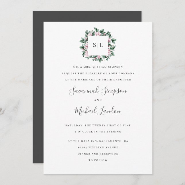 Painted Magnolia Eucalyptus chic monogram wedding Invitation (Front/Back)