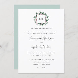 Painted Magnolia Eucalyptus sage monogram wedding Invitation
