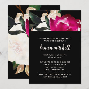 Painted Magnolia on Black   Grad Party Invitation