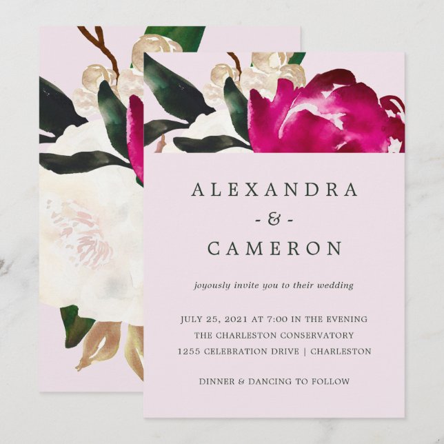 Painted Magnolia on Blush Pink | Wedding Invitation (Front/Back)