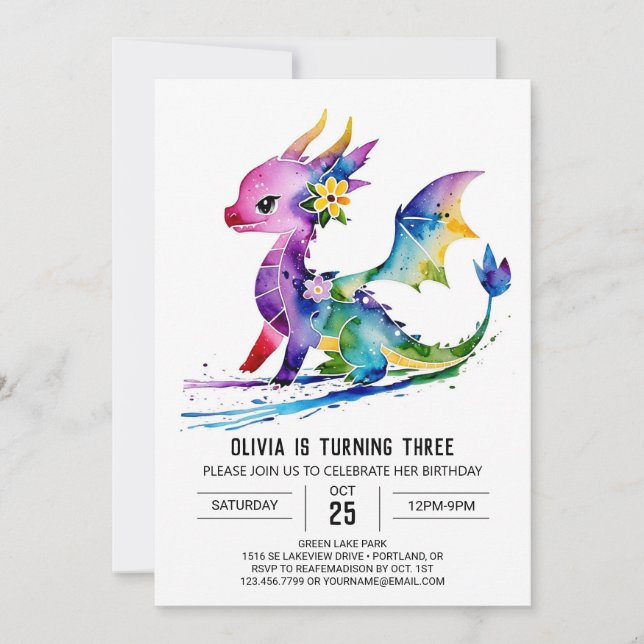 Painted Majestic Dragon Digital Girl Birthday Invitation (Front)