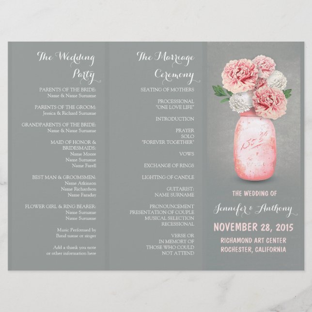 Painted mason jar pink grey wedding programs (Front)