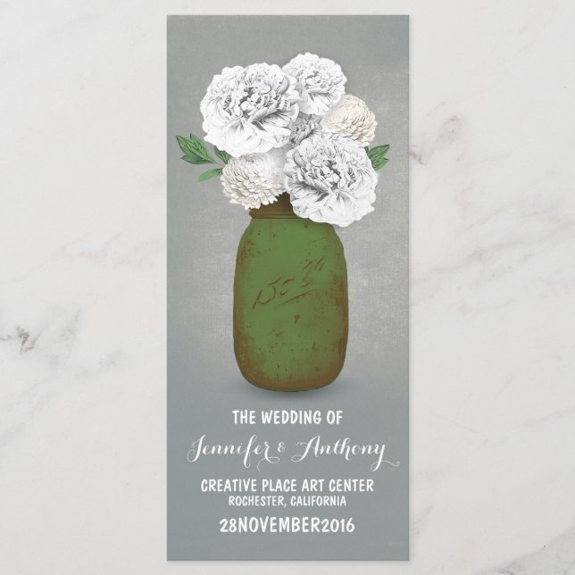 Painted mason jar white flowers wedding programs (Front)