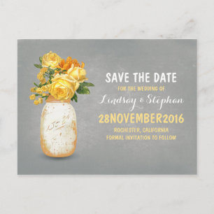 Painted mason jar & yellow flowers save the date announcement postcard