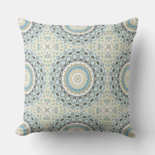 Painted Medallion Pattern in Blue and Beige Throw Pillow