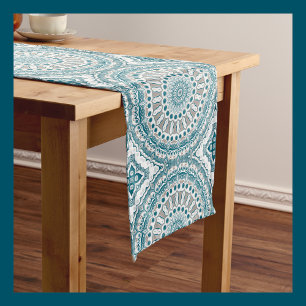 Painted Medallion Pattern in Blue and Grey Medium Table Runner