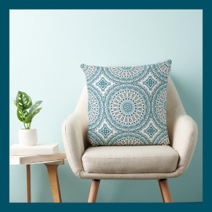 Painted Medallion Pattern in Blue and Grey Throw Pillow