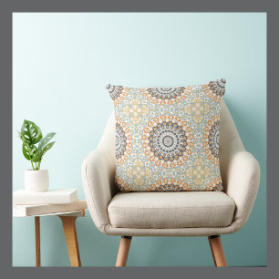 Painted Medallion Pattern in Orange and Grey Throw Pillow