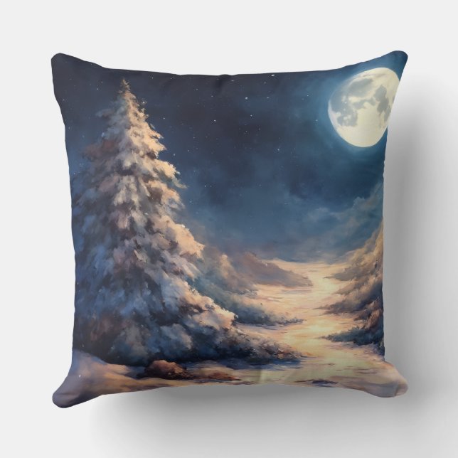 Painted Moonlit Snowy Winter Scene Season's Throw Pillow (Back)