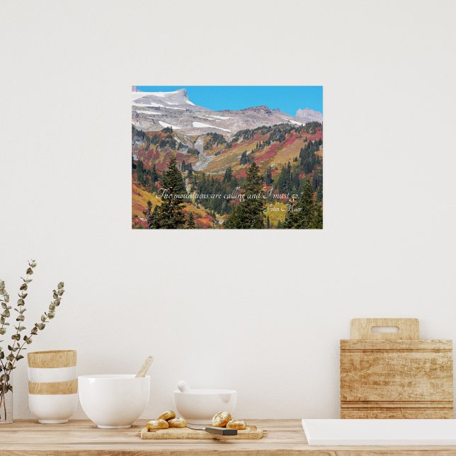 Painted Mountain Valley Landscape John Muir Quote Poster (Kitchen)