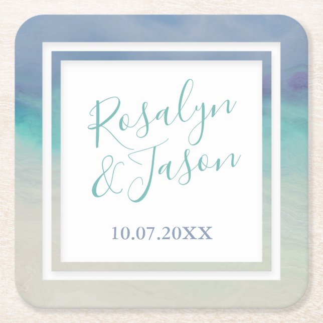 Painted Ocean Border Square Paper Coaster (Front)
