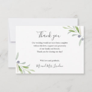 Painted Olive and leaves green Wedding thank you Card
