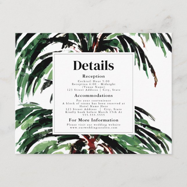 Painted Palm Trees Beach Wedding Reception Details Enclosure Card (Front)