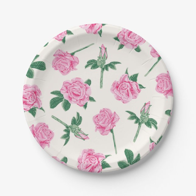 Painted Pink and Green Rose Pattern Paper Plate (Front)