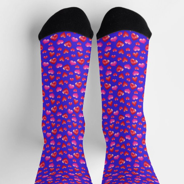 Painted Pink and Red Hearts on Bright Blue Cute Socks (Top)