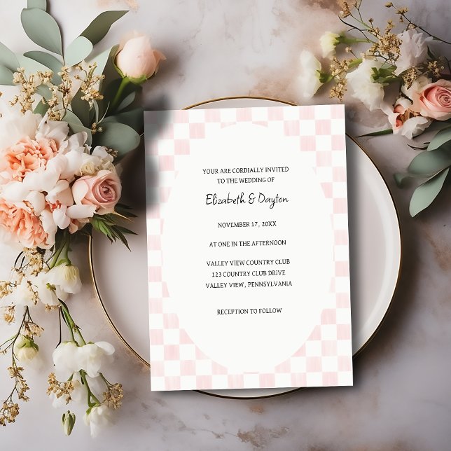 Painted Pink Checkerboard Pattern Wedding Invitation (Creator Uploaded)