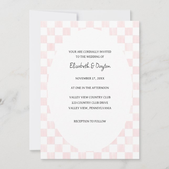 Painted Pink Checkerboard Pattern Wedding Invitation (Front)