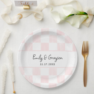 Painted Pink Checkerboard Pattern Wedding Paper Plate